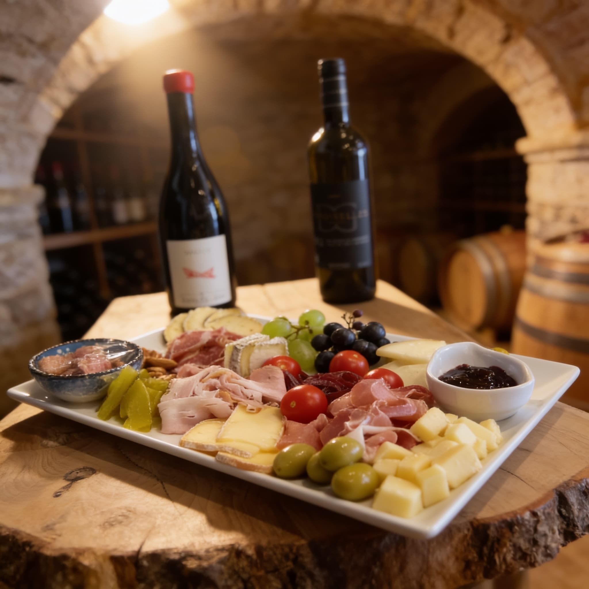 Planche apéritive et vin chez Bacchus & Cie